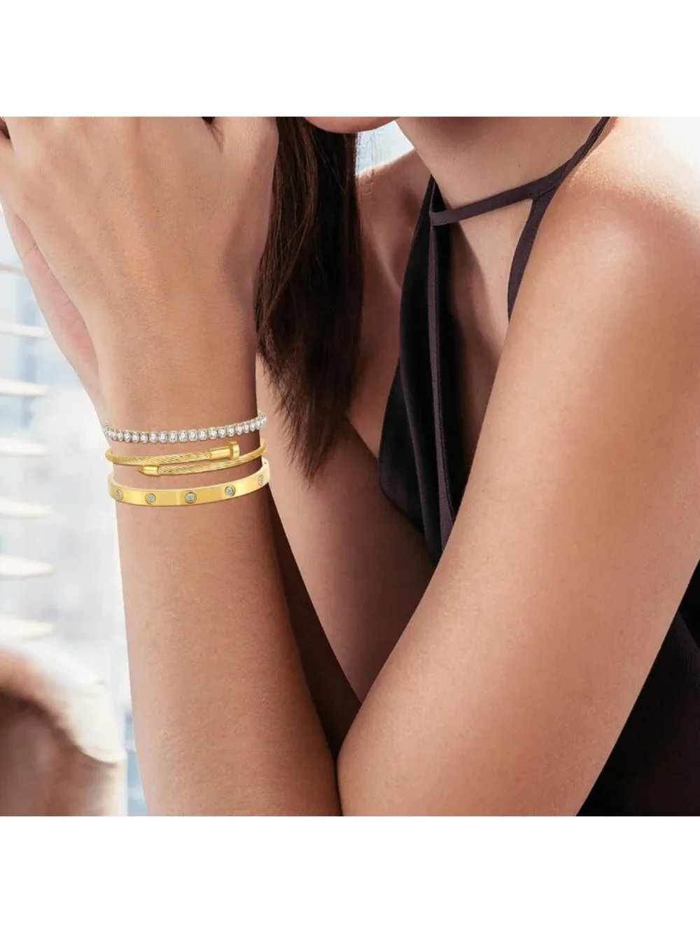 Stackable Silver Bangle Bracelets for Women - Non-Tarnish Clover Charm Gift